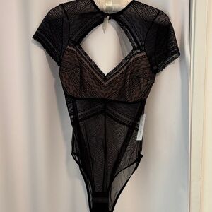 Thistle and Spire Sheer Black Lace Bodysuit with Cap Sleeves